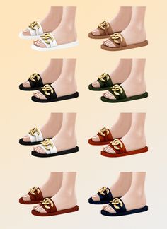 several pairs of women's shoes with gold and black straps on them, all in different colors