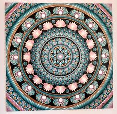 a painting with an intricate design on the bottom and sides, in shades of blue, pink