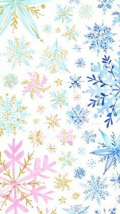 snowflakes are painted in pastel colors on a white background