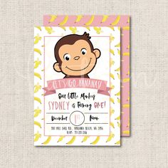 a pink and yellow monkey birthday party card with the words let's go bananas on it