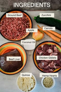 an image of ingredients in bowls on the table for making meats and vegetables recipe