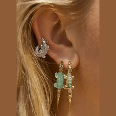 Bibi van der Velden earring 18-karat white gold  Green Tsavorite gemstones For pierced ears Imported Please note, this is a single earring. Top Of Ear Piercing, Earring Stacks, Earring Stack, Curated Ear, Diamond Ear Cuff, Ear Stack, Animal Earrings, Green Amethyst, Lovely Jewellery