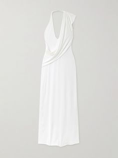 Magda Butrym's gown has a draped, gathered design that echoes Edith 'Little Edie' Bouvier's style in the cult documentary  Grey Gardens . Cut from slinky jersey, it has a twisted asymmetric halter neckline and skims the figure before pooling at the floor. Wear yours with tonal heels. White Draped Maxi Dress For Evening, White Draped Evening Dress For Gala, White Pre-draped Draped Evening Dress, White Pre-draped Evening Dress, Grey Gardens, Magda Butrym, The Cult, Halter Neckline, Beach Dresses