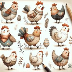 an image of chickens and hens on paper