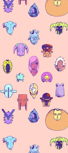 a bunch of different colored objects on a light pink background in the shape of animals