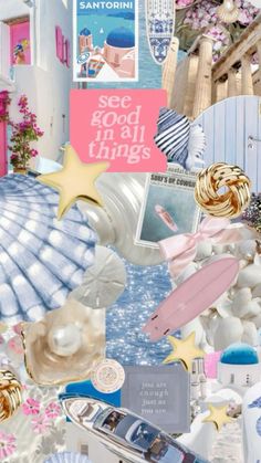 a collage of various things that include shells, flowers and other things in the background