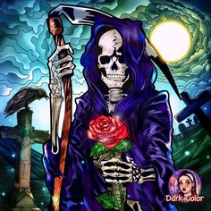 a painting of a skeleton holding a rose