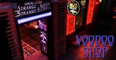 the voodoo shop is lit up in red and blue lights, with neon signs above it