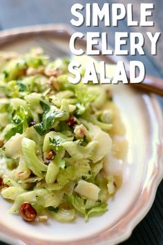 celery salad with text overlay on a white and tab platter. What Can I Make With Celery, Celery Meal Ideas, Raw Celery Recipes, Celery Salad Recipes Healthy, Cucumber Celery Salad, Vegetable Salad Recipes Healthy, Celery Recipes Salad, What To Do With Celery, Celery Salad Recipes