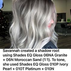 Redken Shades Eq Silver Gray Hair, Redken Color Formulas Gray Grey Hair, Silver Grey Hair Formulas, Grey Blending Formula, Grey Hair Formula Redken, Silver Hair Formula, Shades Eq Silver Toner Formulas, Shades Eq Grey Toner Formulas, Platinum Blonde Toner