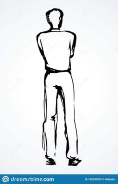 a black and white drawing of a man standing back to the camera with his hands on his hips