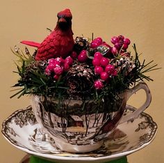 a red bird sitting on top of a teacup filled with berries and pine cones