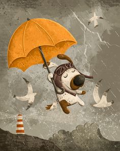 a dog with an umbrella is flying through the air and birds are in the background