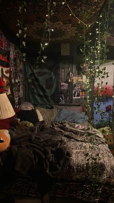 a bed room with a neatly made bed and plants hanging from the ceiling