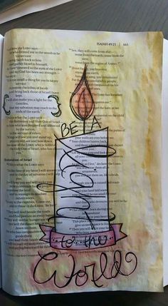 an open book with a drawing of a candle on it's cover and the words,