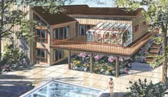 this is an artist's rendering of a house with a pool in the yard