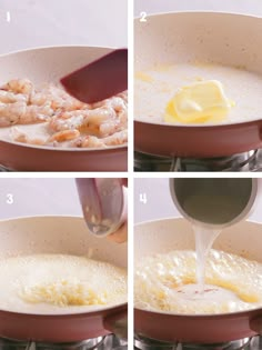 the process of cooking shrimp and eggs in a frying pan with sauce being poured on top