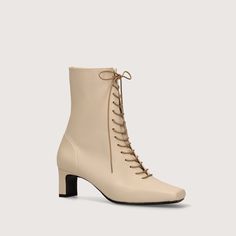 These 5.5cm heel short boots have a trendy lace-up and wide square toe. Beige Pumps, Suede Material, Pumps Flat, Artificial Leather, Ballet Flat Shoes, Short Boots, Trending Shoes, Ballet Shoes, Bootie Boots