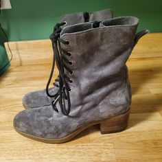 Good Condition - Only Worn A Few Times Discontinued Color Suede Upper Low Block Heel Full Length Side Zip Adaptable Lacing System Heel: 2" Height: 9.4" Suede Lace-up Boots With Almond Toe For Spring, Derby Boots, Low Block Heels, Lace Up Boots, Side Zip, Shoe Laces, Derby, Block Heels, Full Length