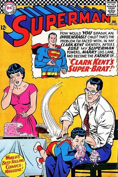 an old comic book with superman and his family on the cover, including a baby