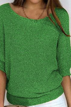 Casual Stretch Knit T-shirt, Knitted Short Sleeve Tops For Fall, Cotton Crew Neck Knit Top In Solid Color, Cotton Crew Neck Knit Top, Casual Scoop Neck Knit Sweater, Casual Short Sleeve Summer Sweater, Summer Crew Neck Knit Top, Solid Knitted Crew Neck Top, Casual Green Summer Sweater