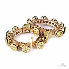 ✨ Revel in the Opulence of Tradition with our Gold Polished Partywear Rajawada Indian Bracelet Kada ✨ SIZE 2:6 Embrace the splendor of Indian heritage and adorn your wrist with this exquisite Gold Polished Partywear Rajawada Indian Bracelet Kada, a masterpiece that encapsulates the magnificence of Meenakari Jewelry. This luxurious royal jewelry is not just an accessory; it's a statement of elegance that resonates with the vibrancy of Indian craftsmanship. Designed to be a timeless treasure for a Birthday Special, Bangles Indian, Gold Armband, Bollywood Jewelry, Indian Heritage, Wedding Anniversary Gift, Royal Jewelry, Contemporary Outfits, Anniversary Gift For Her