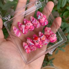 Cute Press On Nail Designs, Kirby Nails Acrylic, Charms On Nails, Kirby Nail Art, Kirby Nails, Kidcore Nails, Extension Designs, Y2k Nails, Hello Kitty Nails