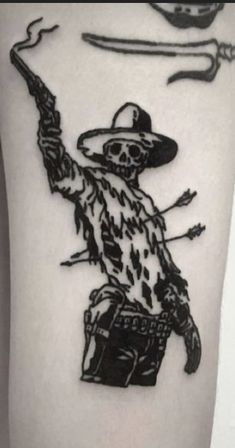 Mexican Cowboy Tattoo, Creature Tattoo Ideas, Lobotomy Tattoo, Gunslinger Tattoo, Scary Tattoo Ideas, Dark Feminine Tattoos, Zombie Tattoo, Monster Tattoo