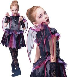 Price:	$30.99 - $33.99

About this item
Package Contents: Wings, Arm warmers, Dress, Leggings.
Scary Vampire: The creepy black, purple and red color scheme, serrated hems and matching gothic accessories make up a dark vampire costume, your child will be attractive in it in the crowd!
More Details: Short layered sleeves; Separate lace arm warmers; Stretchy fabric; Tiered hems; Back Velcro closure; Hand wash or gentle machine wash.
Suitable Occasions: Halloween trick or treat, haunted house, vampire cosplay, carnival, blood themed party, scary role playing, etc.