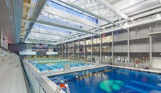 an indoor swimming pool with blue water