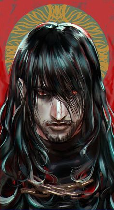 a digital painting of a man with long black hair and red eyes wearing a chain around his neck