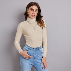 Beige Casual  Long Sleeve Polyester Plain Basic Tops  Slight Stretch Spring/Fall Women Knitwear Fair Skin Sweater Cream Color, Cheap Beige Stretch Sweater, Cheap Beige Winter Sweater, Cheap Beige Winter Tops, Luxury Long Sleeve Turtleneck For Spring, Cheap Crew Neck Knit Top For Winter, Cheap Trendy Fitted Sweater, Cheap Cream Winter Tops, Cheap Long-sleeve Beige Sweater