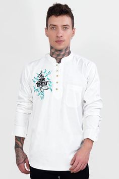 This Sawan, elevate your spiritual style with our Bright White 'OM NAMAH SHIVAY' Embroidered Designer Kurta Shirt. Crafted from premium cotton, it offers a super soft touch and subtle sheen appearance, making it perfect for your pooja attire. Elevate your spiritual style and radiate positivity with this exquisite piece. Fused collar and cuffs, collar stand and flat felled side seams provide structure and stability to all our shirts. 100 % Premium Cotton; Comfortable soft hand, good strength, Dra Casual Embroidered Top With Stand Collar, Casual White Embroidered Kurta, Casual Long Sleeve Kurta For Festivals, Casual Long Sleeve Embroidered Kurta, Relaxed Fit Long Sleeve Shirt For Festival, White Embroidered Kurta With Stand Collar, White Casual Kurta With Relaxed Fit, Casual White Kurta With Relaxed Fit, White Casual Relaxed Fit Kurta