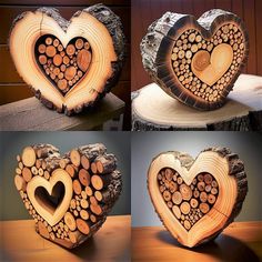 four different pictures of a heart made out of tree slices and wood logs with hearts carved into them