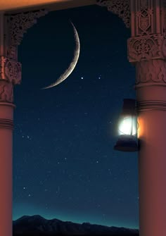 the moon is shining brightly in the night sky over a building with columns and pillars