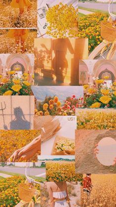 a collage of photos with yellow flowers and people in the background, one woman is holding