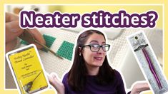 a woman with glasses is holding up some knitting needles and an ad for neatter stitches