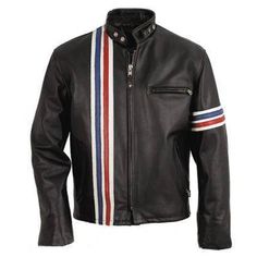 Peter Fonda USA Flag Biker Jacket Stripped Motorcycle Jacket Product Details: Peter Fonda USA Biker Jacket is one of our signature jackets we offer. A staple that is a must for your closet. The jackets that will leave you in awe for wanting more. Designed typically for motor heads, racers, and the rebels. Our Biker Jackets are a true symbol of vintage classics. Our opulent leather quality that is crafted with great diligence and sewn with utter perfection is second to none. The Peter Ronda Easy Peter Fonda Easy Rider, Striped Leather Jacket, Bikers Jacket, Peter Fonda, Cafe Racer Jacket, Motorcycle Jackets, Racer Jacket, Riders Jacket, Leather Jacket Style