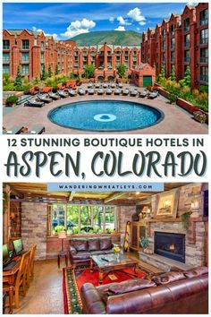 an advertisement for the aspen colorado hotel and spa in steamboat, collaged with photos of