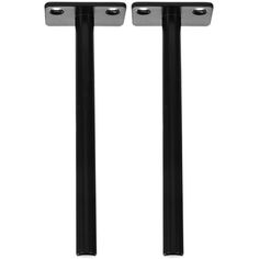 two black metal poles are standing next to each other on a white background, with one pole facing the camera