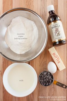 ingredients to make chocolate chip cookies laid out on a wooden table