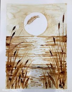 a watercolor painting of reeds in front of the sun