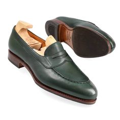 PENNY LOAFERS IN GREEN RUSTICALF Green Goodyear Welted Leather Shoes, Elegant Green Plain Toe Loafers, Green Round Toe Loafers For Formal Occasions, Formal Green Leather Shoes With Leather Sole, Green Slip-on Oxfords For Business, Green Leather Shoes With Removable Insole And Round Toe, Green Round Toe Oxfords For Formal Occasions, Green Wingtip Oxfords With Goodyear Welt, Classic Green Oxfords For Business