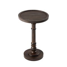 an old fashioned wooden table with a metal base and round wood top, on a white background