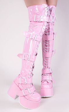 CAMEL-305 Baby Pink Holo Thigh High Boots-Demonia-Tragic Beautiful Platform Boots Pink, Pink And Black Boots, Pink Punk Aesthetic, Cute Pink Clothes, Black Pink Outfit, Pink Platform Boots, Thigh High Platform Boots, Stretch Thigh High Boots, Pink Latex