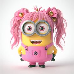 a minion with pink hair and glasses on it's head is standing in front of a white background