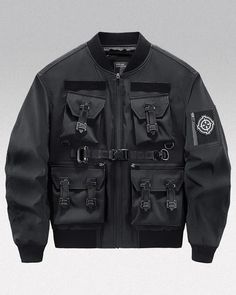 Enlist with "Iwaki" Bomber Jacket, where each pocket and buckle elevates your street-ready ensemble to command attention. Black Cargo, Mens Jackets, Zip Ups, Bomber Jacket, Buckle, How To Wear, Black