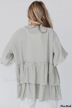 Olivia Mark - Half-Sleeve Kimono with Ruffled Trim and Open Front Summer Ruffle Sleeve Layering Blouse, Flowy Short Sleeve Blouse With Ruffle Hem, Spring Blouse With Ruffle Hem, Summer Blouse With Ruffle Hem For Layering, Fall Ruffle Hem Short Sleeve Blouse, Short Sleeve Ruffled Tops For Layering, Short Sleeve Tops With Ruffles For Layering, Casual Solid Blouse With Ruffle Hem, Short Sleeve Kimono