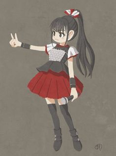 a drawing of a girl with long black hair wearing a red and white dress, giving the peace sign