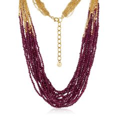 Lush life! 18 strands of ruby beads that are embellished by a 14k gold-filled cable chain to create an adjustable necklace that stops traffic. 2mm rubies with 14k gold-filled chains. 16-18" adjustable. Handcrafted in Mabel's San Francisco atelier. Lock Necklace, Chocolate Diamonds, Ruby Beads, Gem Necklace, Ruby Necklace, Pearl Collection, Jewelry Essentials, Diamond Star, Colorful Jewelry